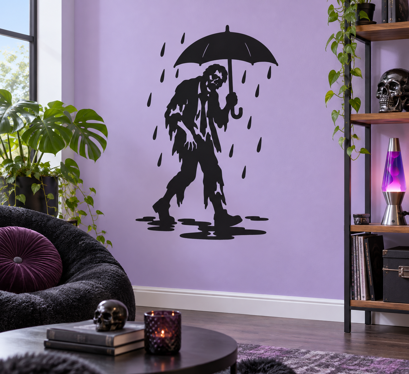 Zombie under umbrella vinyl decal with rain drops and puddles, full-body silhouette