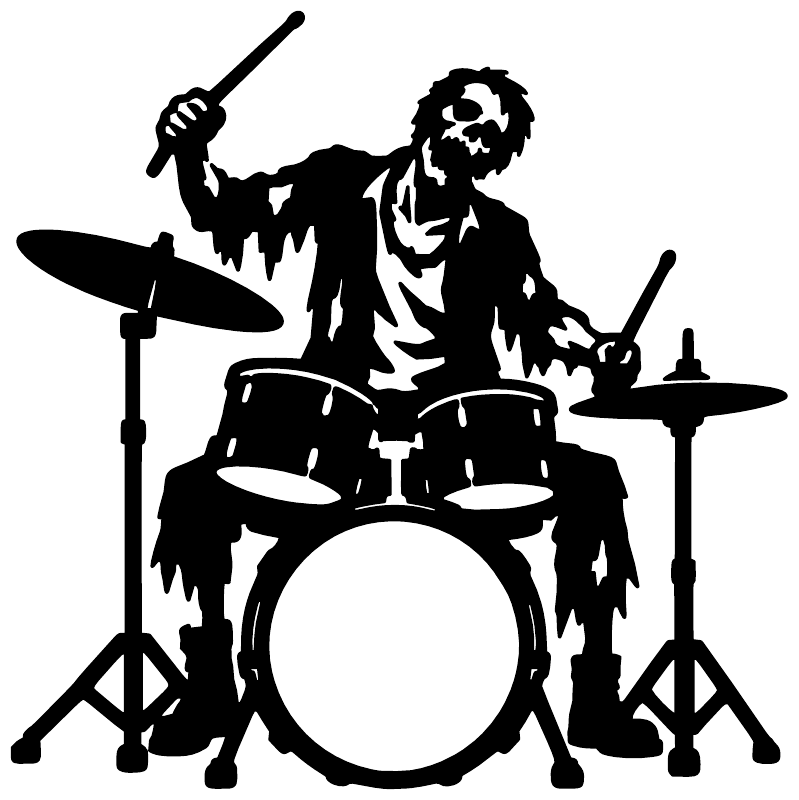Black zombie drummer vinyl decal graphic with drum set, sticks, and cymbals