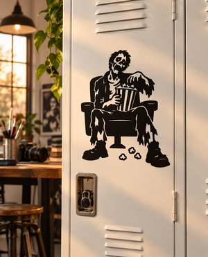 Zombie popcorn vinyl decal of zombie seated at table with accordion and popcorn pieces