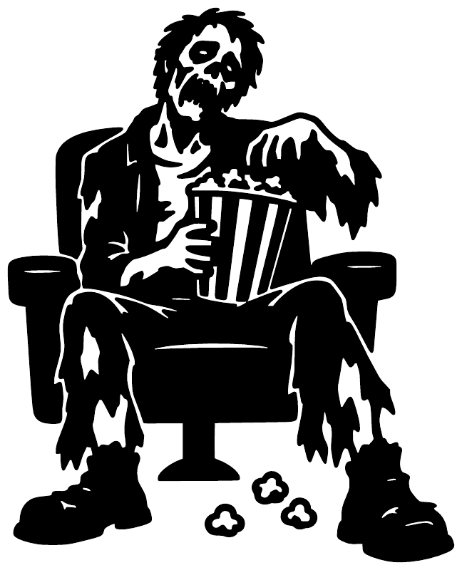 Zombie popcorn vinyl decal showing a zombie playing accordion at a table with popcorn pieces