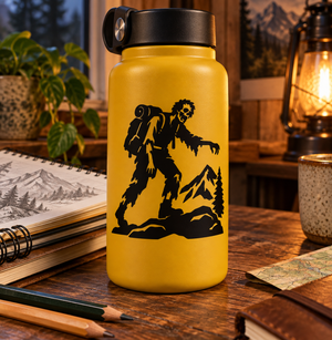 Black zombie hiker silhouette vinyl decal with mountain and pine trees