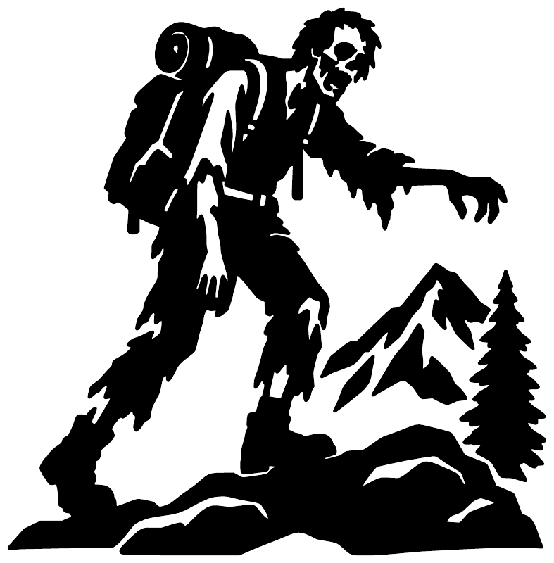 Black hiker zombie silhouette vinyl decal on snowy mountain peak