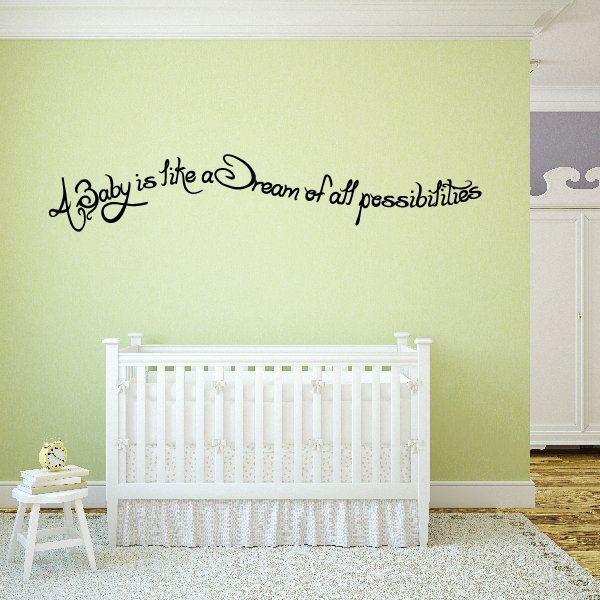 Wall decal quote in black script: "Baby is like a Dream of all possibilities".