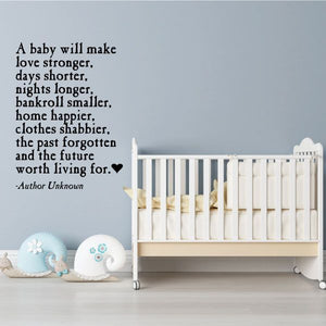 Baby love wall decal with quote: “A baby will make love stronger, days shorter…”