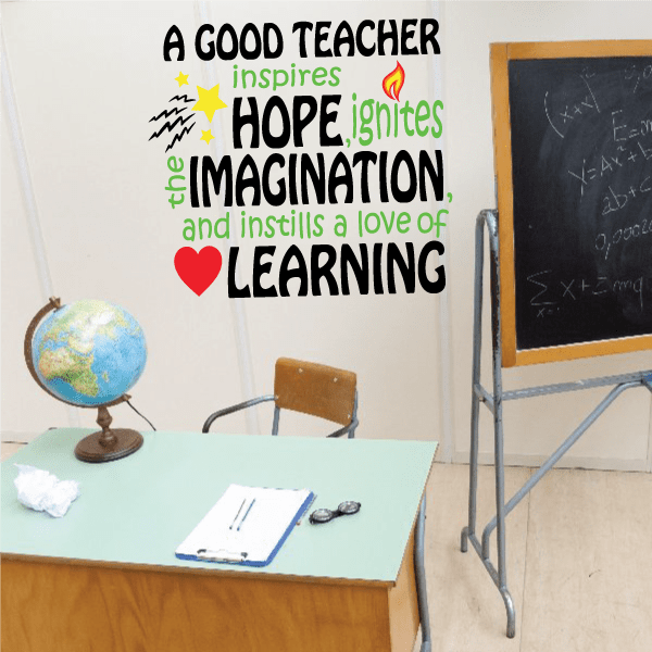 Inspirational teacher wall decal with colorful lettering, starburst, and red heart