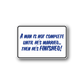 Rectangular quote sticker with blue text on white, outlined in black