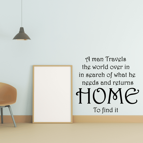 Quote wall decal with large HOME lettering and smaller world-travel text