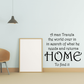 Quote wall decal with large HOME lettering and smaller world-travel text