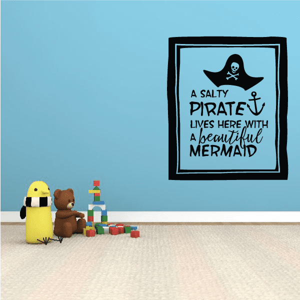 Square wall decal with pirate and mermaid silhouettes, with decorative quote typography