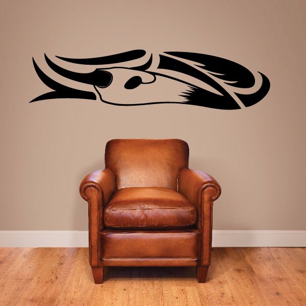 Abstract buffalo skull wall decal with black and beige tribal pattern