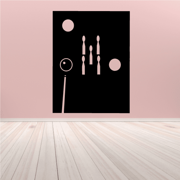 Abstract pool table sport wall decal, black square with light pink cue and balls