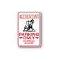 Accountant parking only sticker with red text and accountant icon