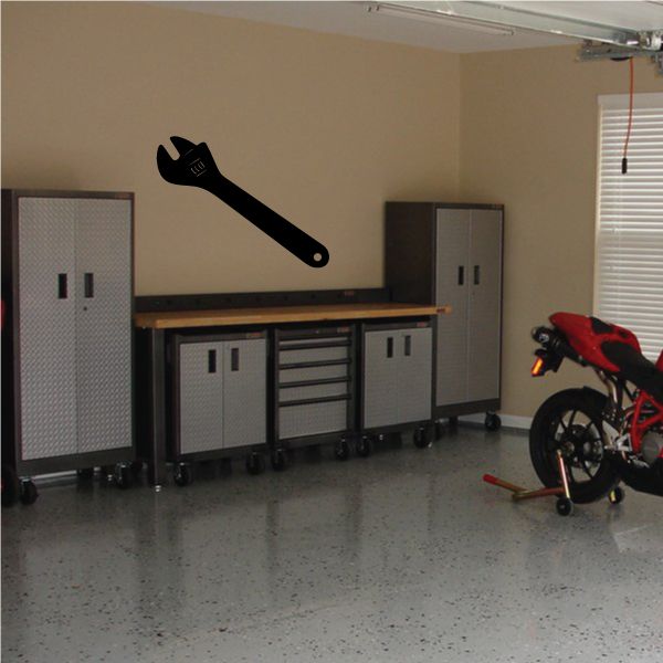 Adjustable crescent wrench decal, black wrench silhouette