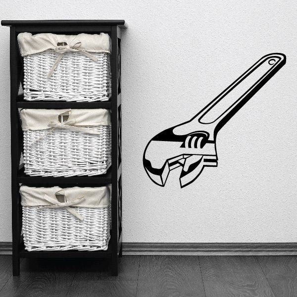 Adjustable wrench wall decal, black and white line art