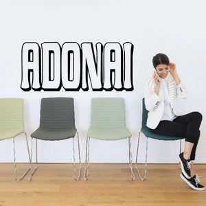 ADONAI wall decal lettering, bold outlined black and white
