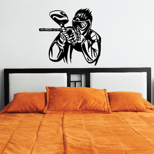 Paintball player decal with aggressive black illustration, helmeted figure holding paintball gun