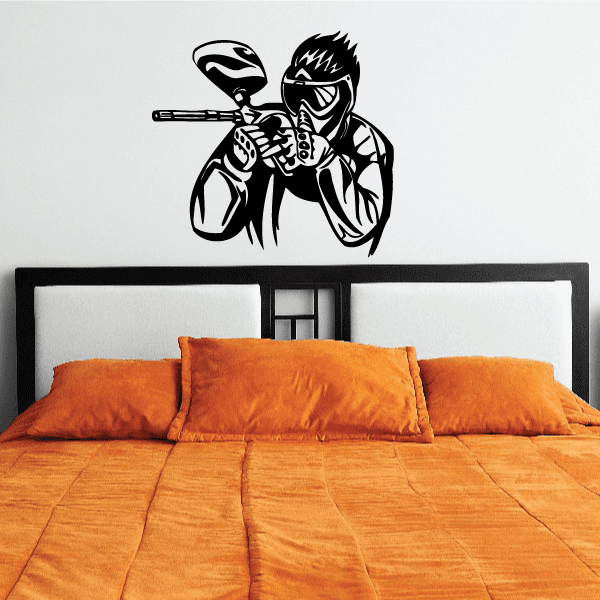 Paintball player decal with aggressive black illustration, helmeted figure holding paintball gun