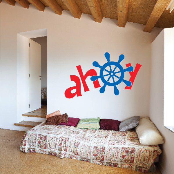 Nautical wall decal with blue ship wheel and red ahoy letters