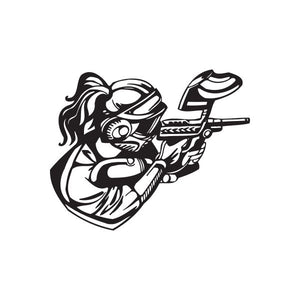 Black and white female paintball player decal, aiming a marker in line art style.
