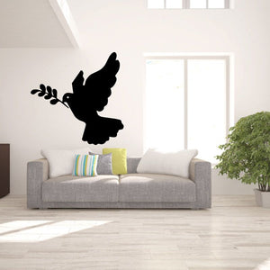 Black dove flying wall decal with branch leaves silhouette