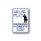 Rectangular parking only sticker, blue border, pilot silhouette, AIRLINE PILOT PARKING ONLY text.