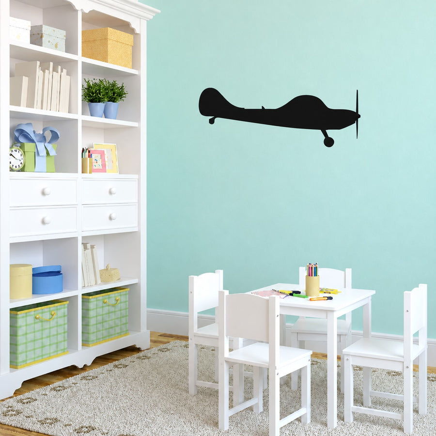 Black propellor airplane wall decal with side view