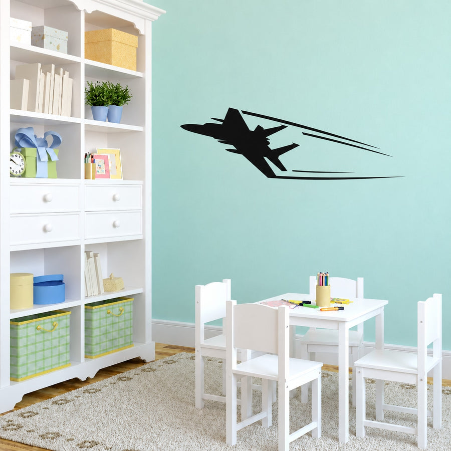 Jet fighter wall decal with black silhouette and motion zoom lines