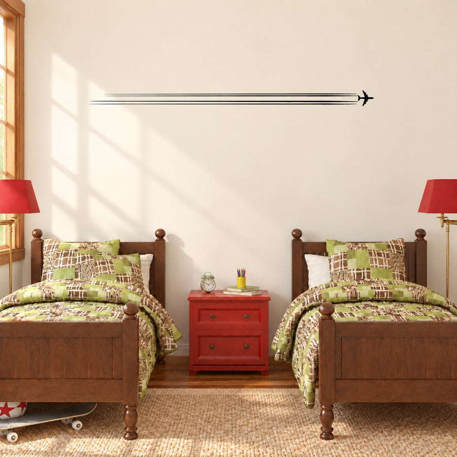 Airplane zoom wall decal with black jet icon and arrow trail line