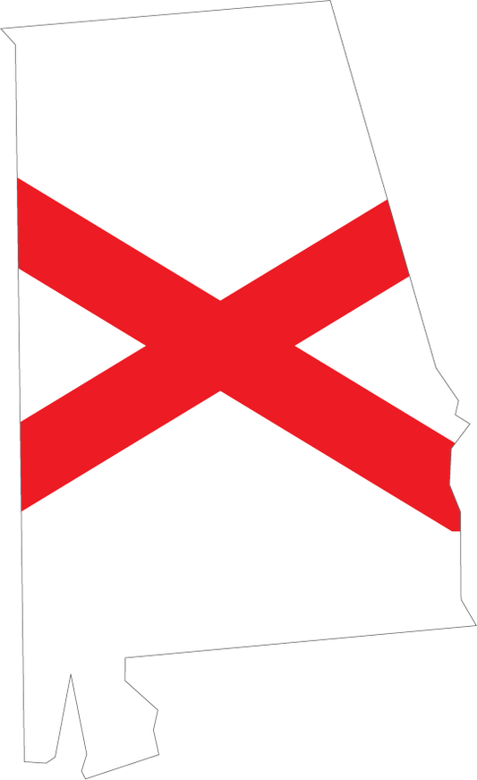 Alabama state flag shaped sticker with red X and white field