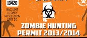 Zombie hunting permit sticker with bold white text on orange background