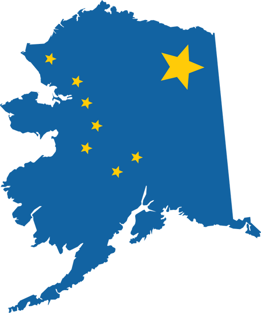 Alaska state flag shape sticker with blue map silhouette and yellow stars