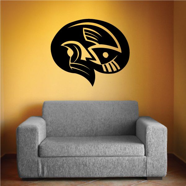 Black turning salmon fish wall decal with stylized head and teeth