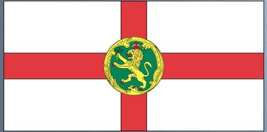 Alderney flag sticker featuring red cross and gold emblem