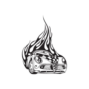 Alfa Romeo checkered flag flames car decal, black and white