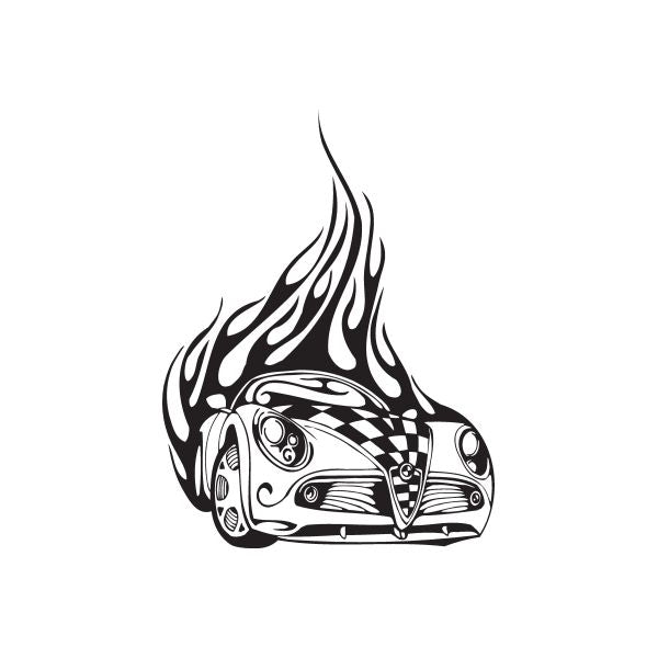 Alfa Romeo checkered flag flames car decal, black and white