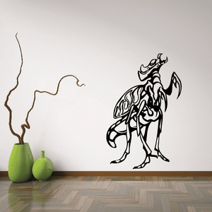Alien praying mantis wall decal, black and white illustration with spiked limbs