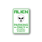 Parking only sticker with green alien logo and arrows on white background, outlined in green
