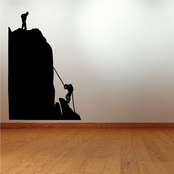 Rock climbing decal with black silhouette climber on rocky face