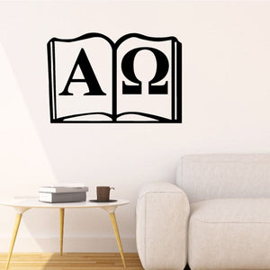 Open book decal with Alpha and Omega lettering