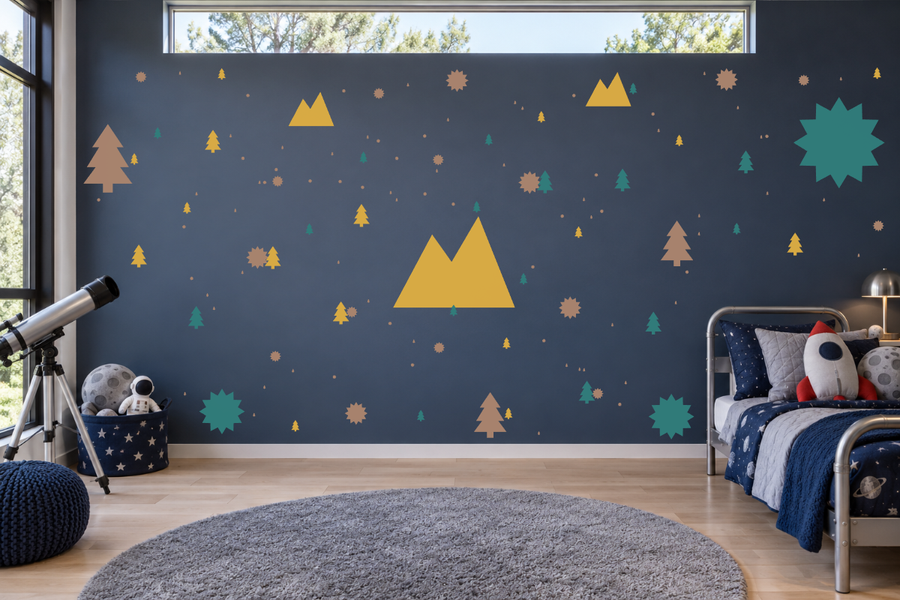 Geometric wall decal kit with mountain triangles, dots, and starbursts in yellow/green