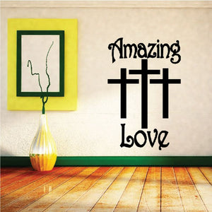 Amazing love three-cross wall decal with three black crosses and script lettering