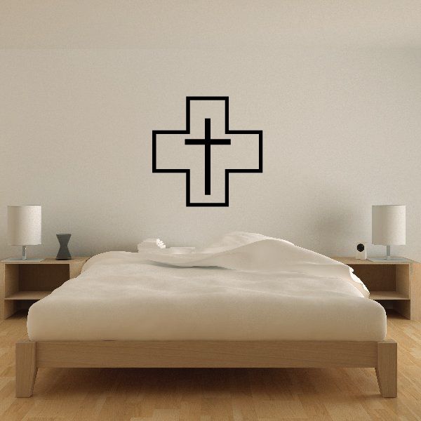 Medical symbol cross wall decal, black outline on light wall