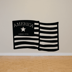 Black America flag wall decal with AMERICA text, star, and white stripes