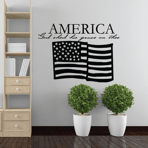 America wall decal with AMERICA text and stylized stars-and-stripes flag