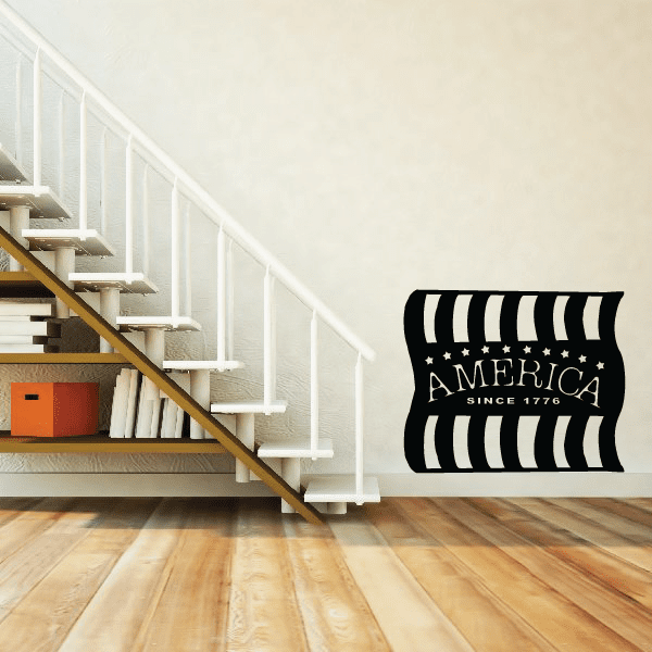 America flag banner wall decal, black-and-white stripes with “AMERICA since 1776”