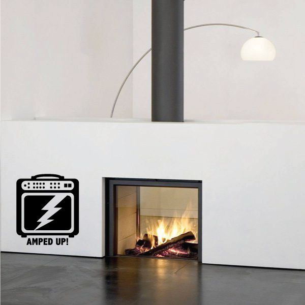 Guitar amp decal: black amp icon with lightning and “AMPED UP!”