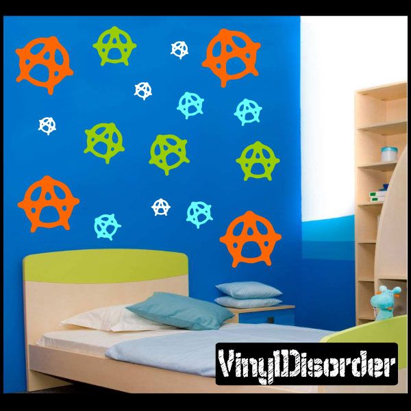 Wall decal kit with multicolor circular emblem stickers for decorating walls