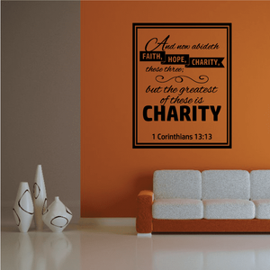 Faith, Hope, Charity wall decal with framed verse typography, 1 Corinthians 13:13