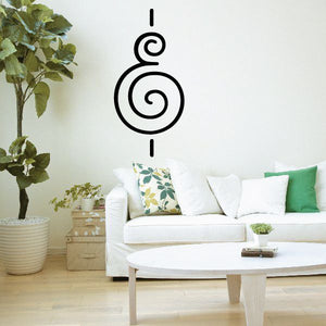 Vinyl wall decal with black circular spiral symbol and decorative divider lines