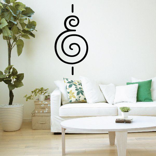 Vinyl wall decal with black circular spiral symbol and decorative divider lines